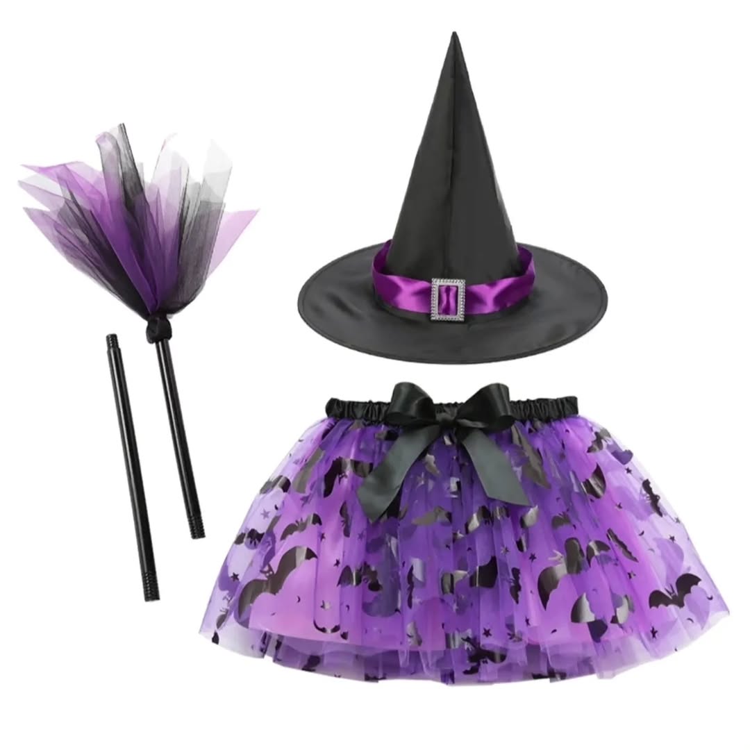 Disfraz de bruja con escoba y sombrero